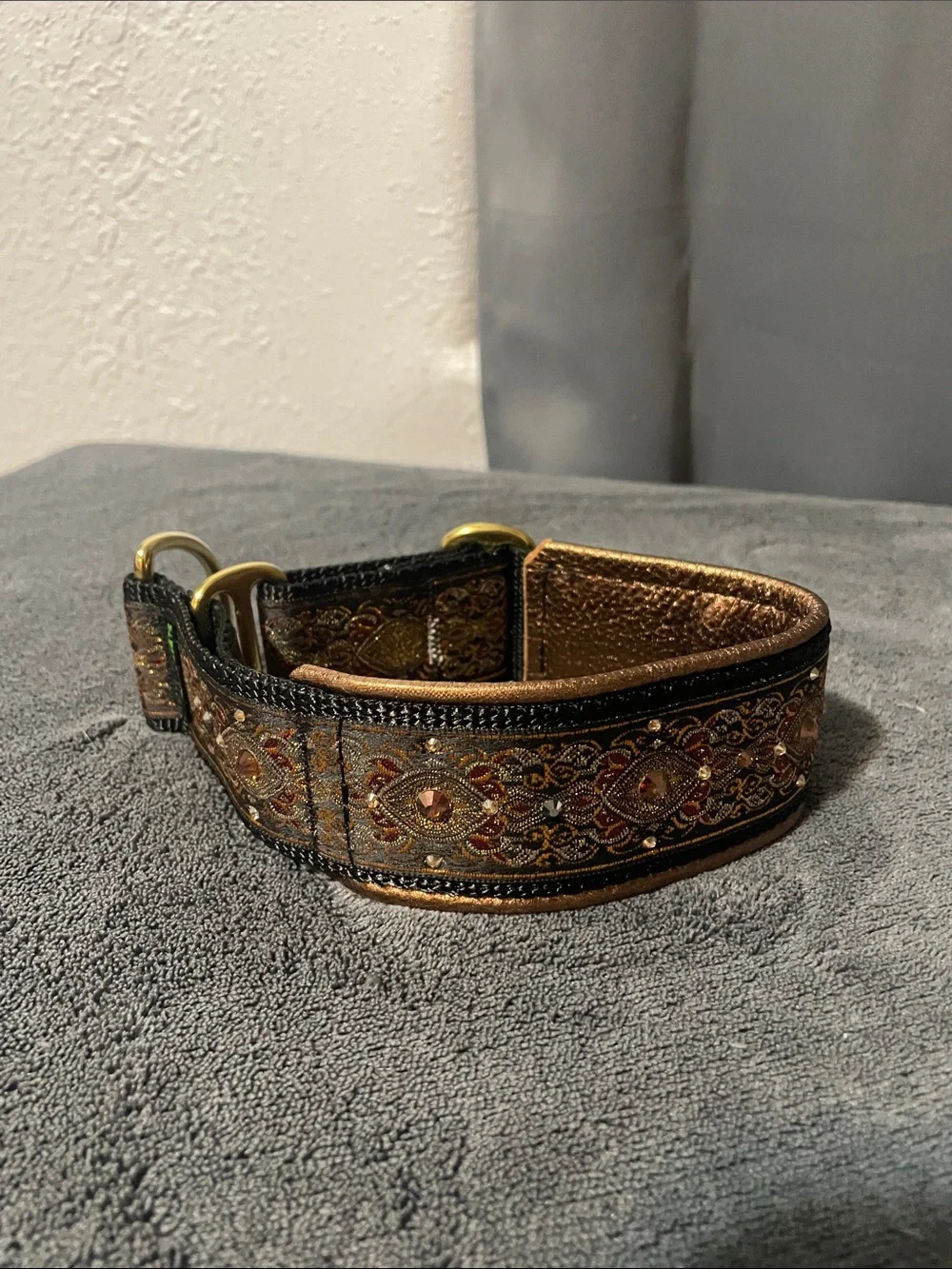 Elegant Embroidered Brown & Black Dog Collar with Gold Accents